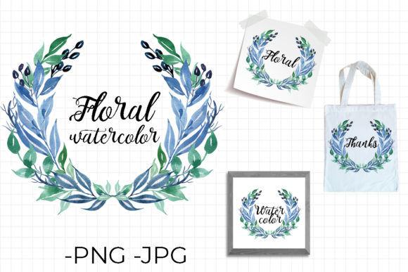 Floral Watercolor Blue Wreath Bouquet for Crafts & Digital Selling