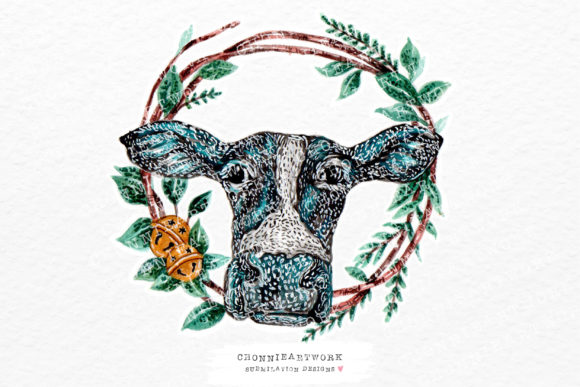 Watercolor Cow with Wreath: A Crafts-Inspired Design Asset for Local Branding
