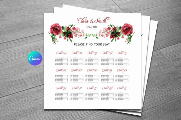 Watercolor Floral Wedding Seating Chart Print Templates for Creative Sellers