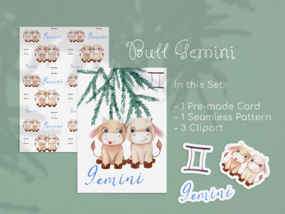 Watercolor Gemini Zodiac Bull Clipart for Etsy & Print-on-Demand Sellers