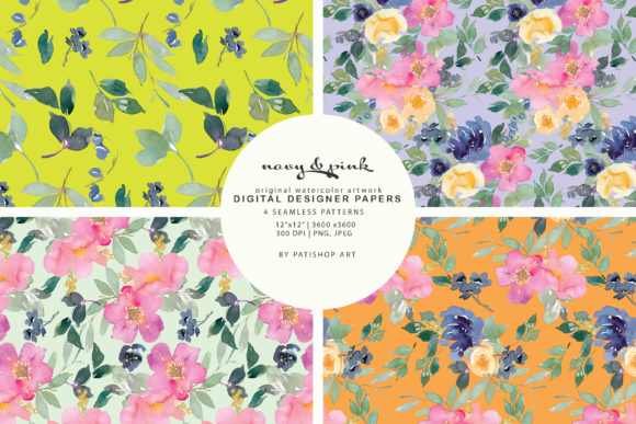 Watercolor Navy and Pink Floral Patterns for Branding & Marketing