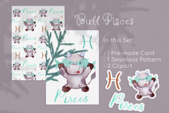 Watercolor Pisces Zodiac Bull Clipart for Local Branding and Packaging